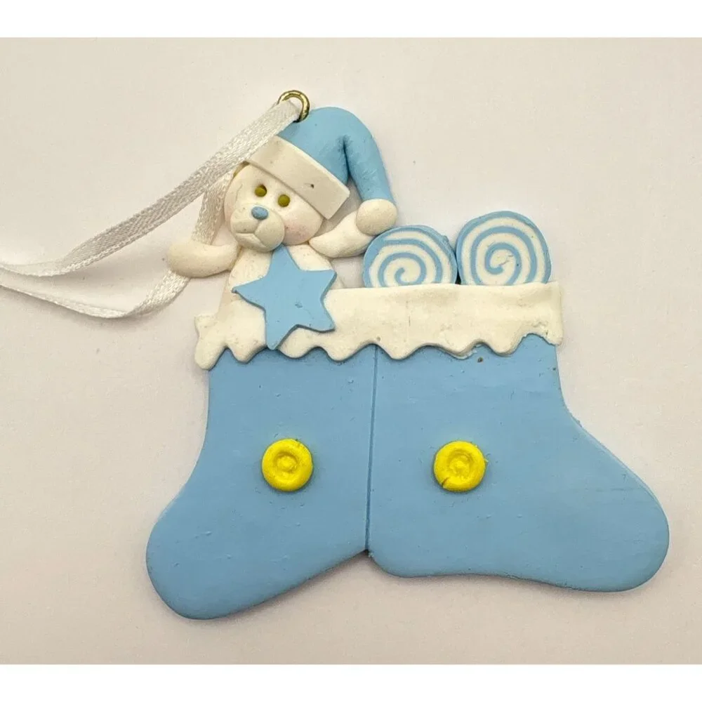 Christmas Stocking Tree Ornament with Teddy Bear and Lollipops Blue White - Picture 6 of 6